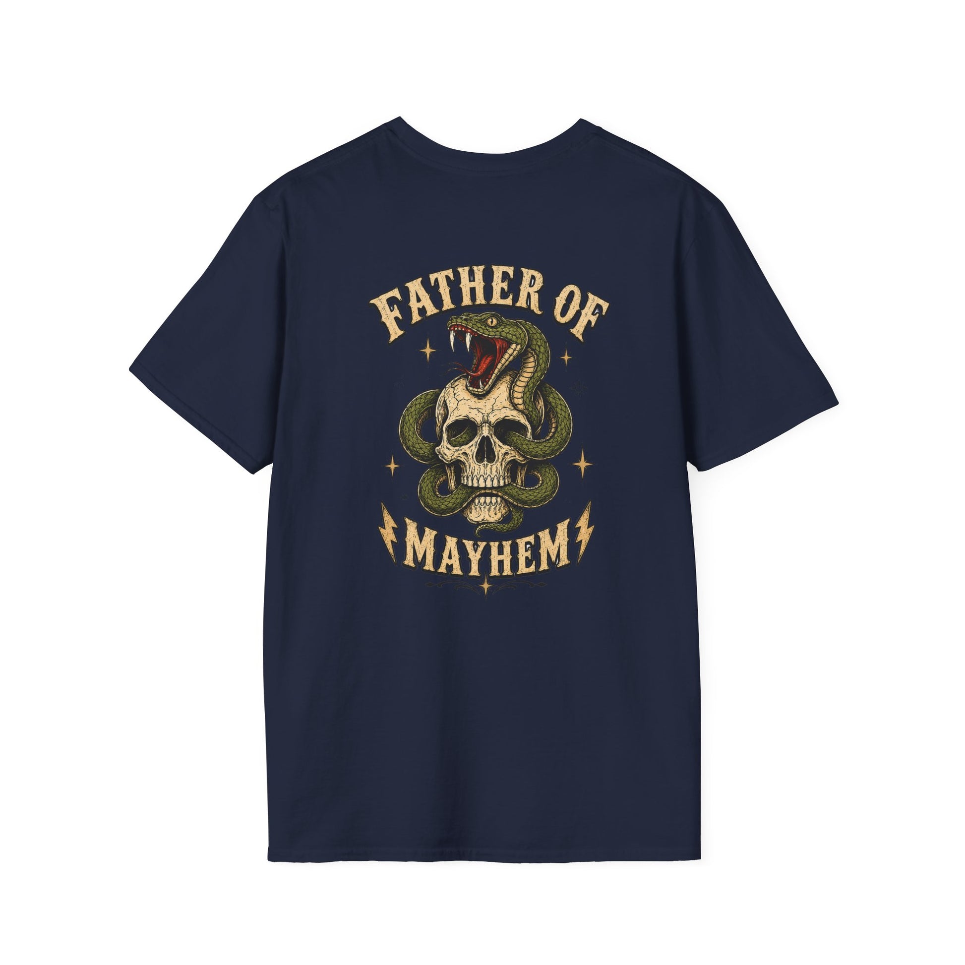 white t-shirt with farthor of mayhem dad gift design