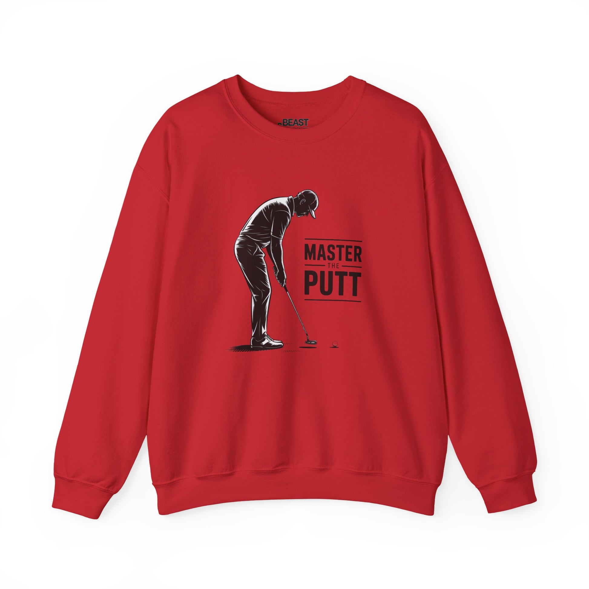 white sweatshirt with master the putt funny golf slogan for golf lovers