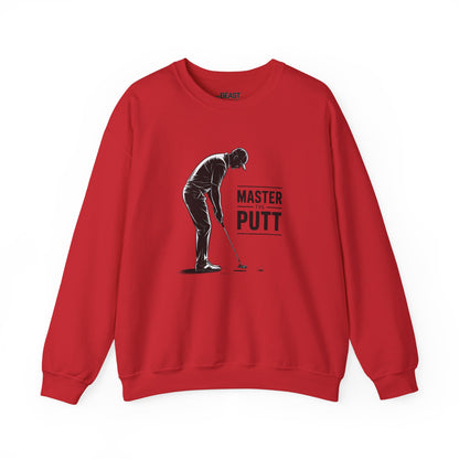 white sweatshirt with master the putt funny golf slogan for golf lovers