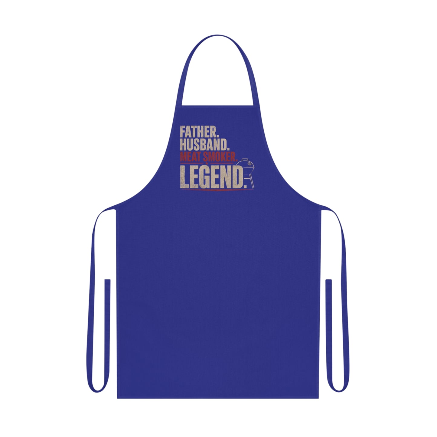 royal blue apron with meat smoker legend design for outdoor cooking