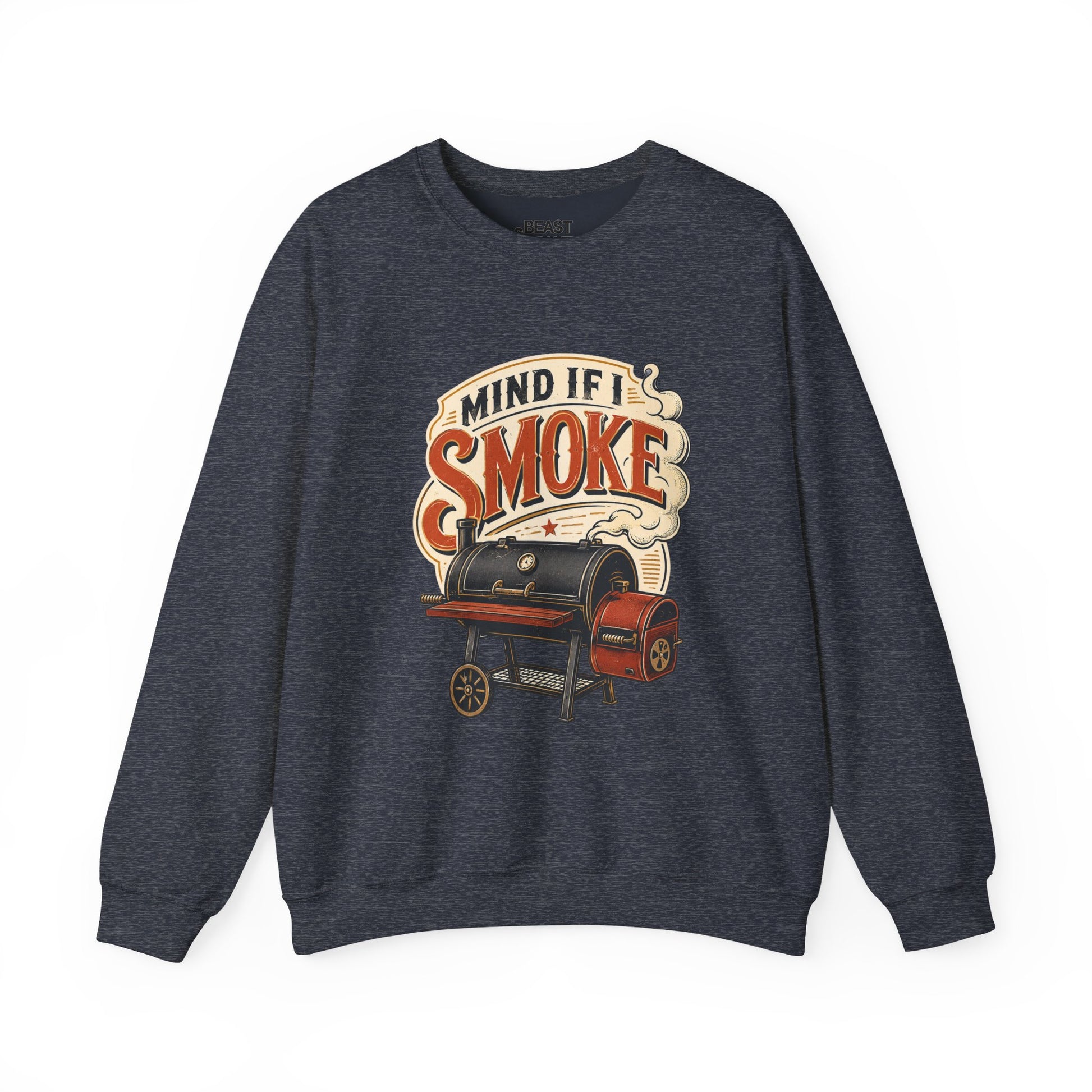 model wearing mind if i smoke bbq smoker sweatshirt in red