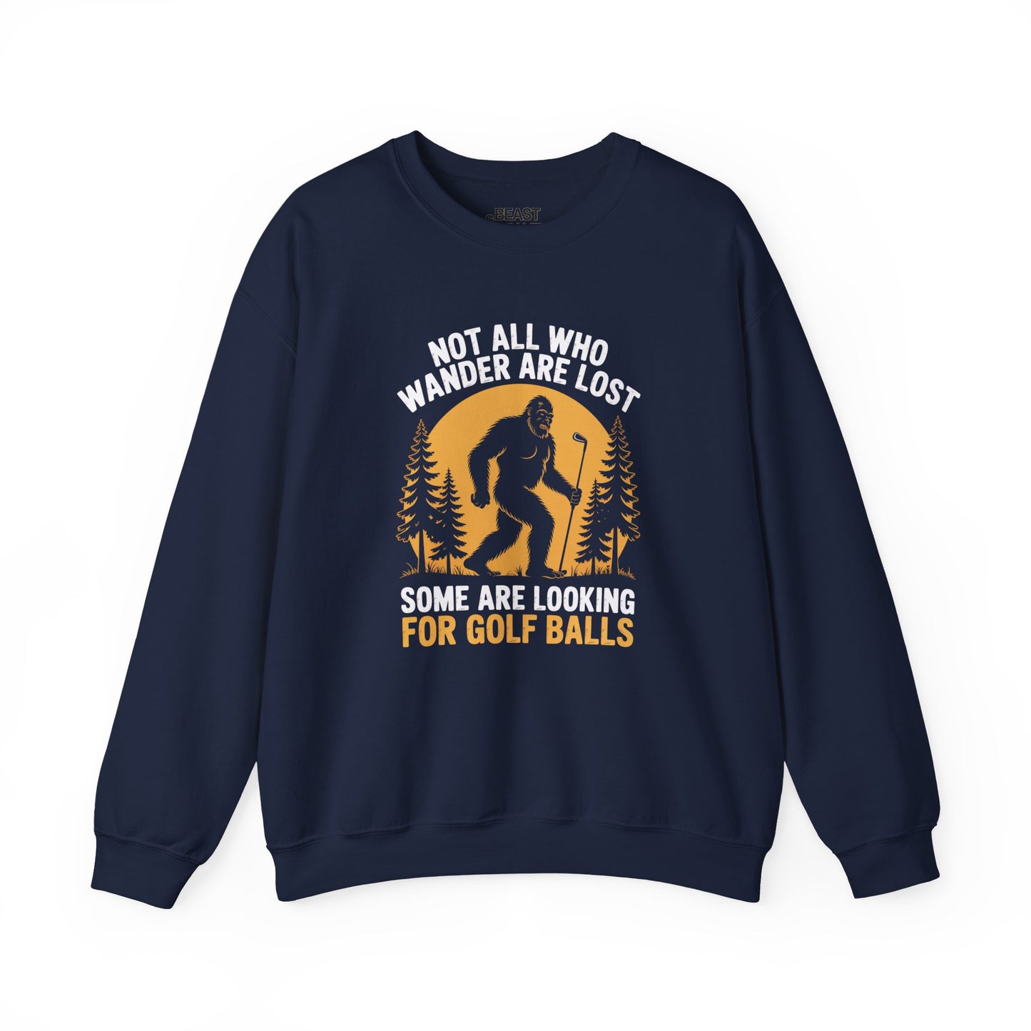navy sweatshirt with funny golf slogan not all who wander are lost golf gift idea