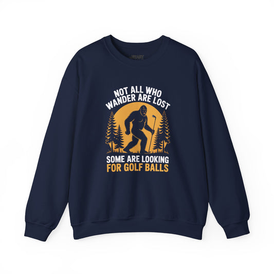 navy sweatshirt with funny golf slogan not all who wander are lost golf gift idea