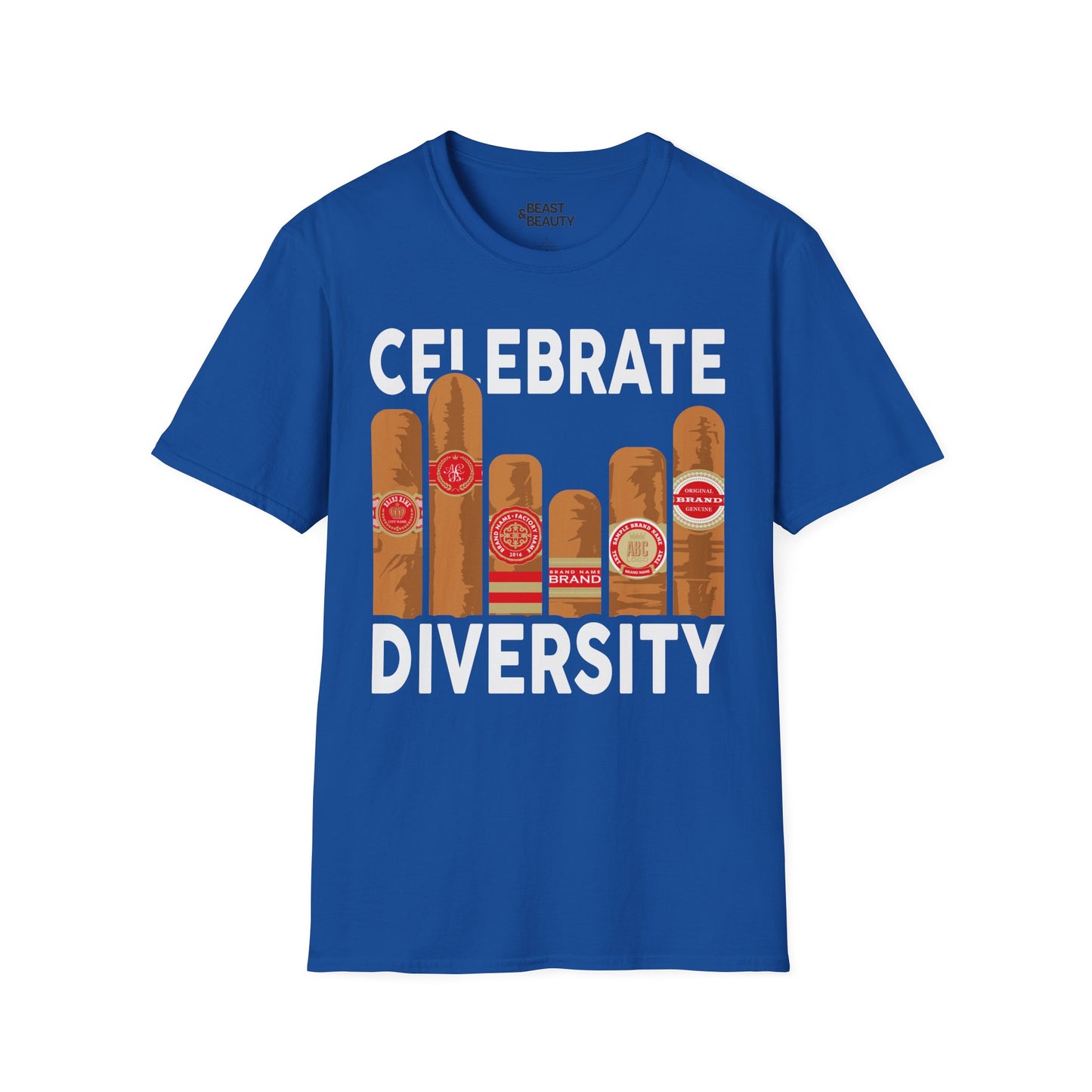 royal blue t-shirt with celebrate diversity cigar lover slogan design