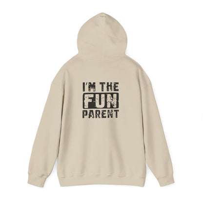 white hoodie with i'm the fun parent statement graphic for parents