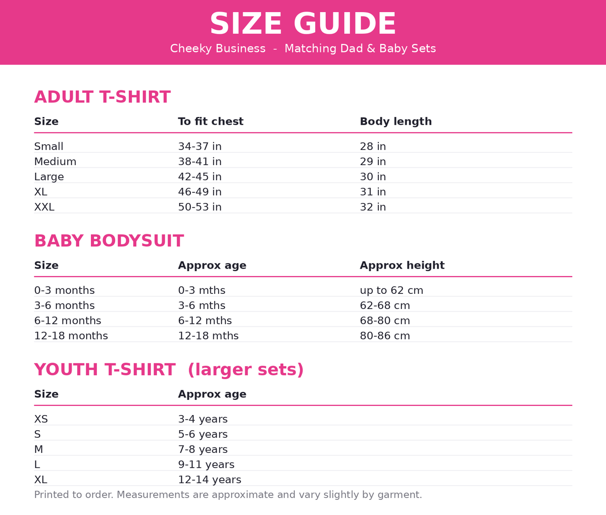 Size guide - matching dad and baby set