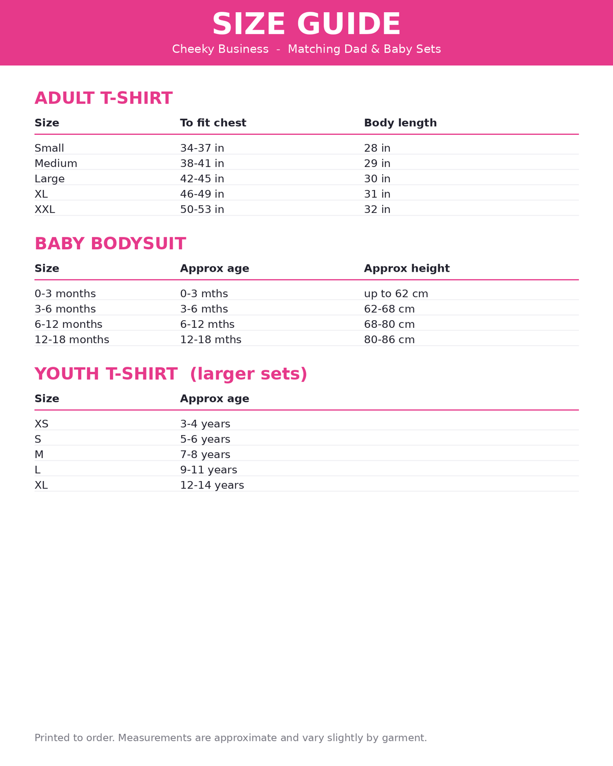 Size guide - matching dad and baby set