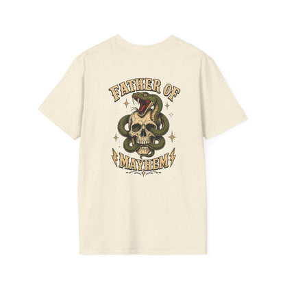 dark heather t-shirt with farthor of mayhem dad chaos graphic
