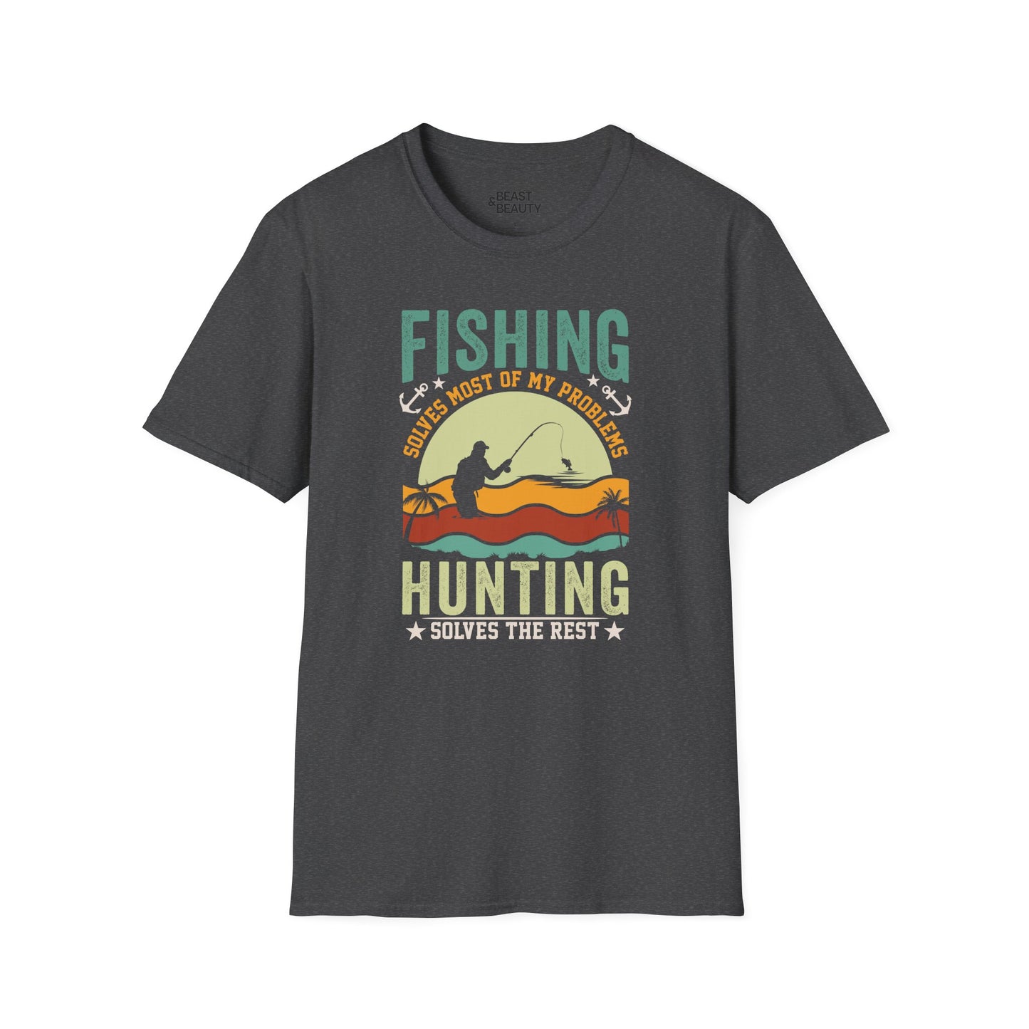 black t-shirt with fishing solves most of my problems hunting solves the rest slogan for outdoors gift