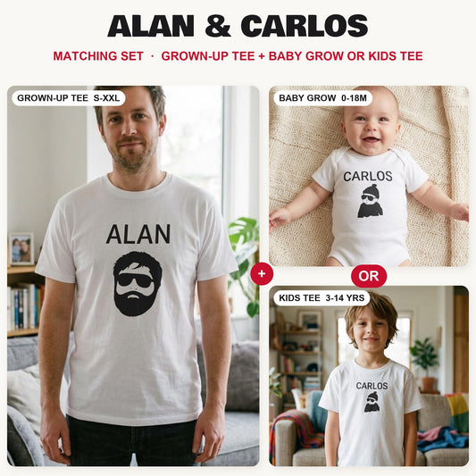 Alan & Carlos matching set: grown-up tee with baby grow or kids tee