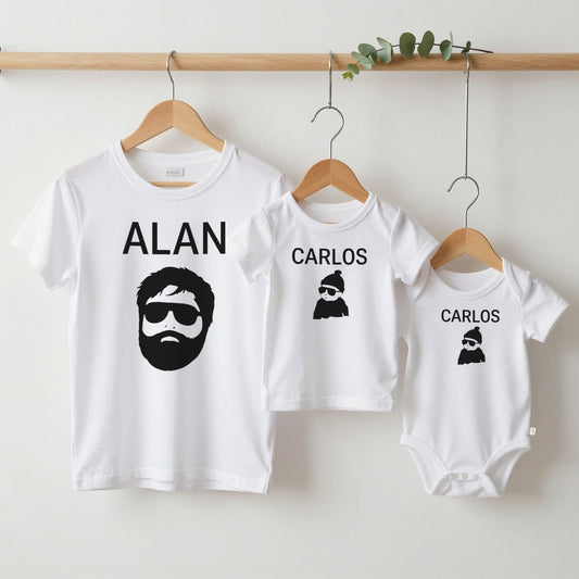 Alan & Carlos grown-up tee, kids tee and baby grow on hangers
