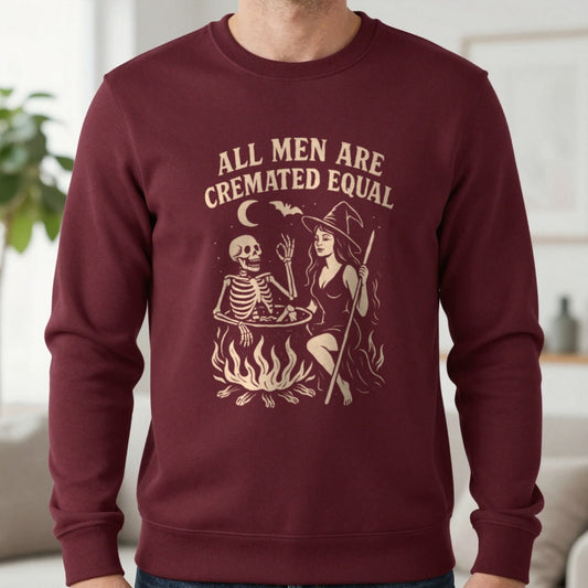 All Men Are Cremated Equal Funny Halloween Sweatshirt in Maroon, worn, our photo
