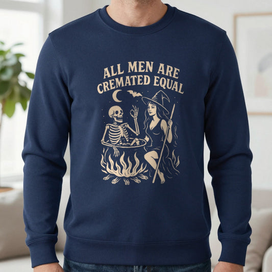 All Men Are Cremated Equal Funny Halloween Sweatshirt in Navy, worn, our photo