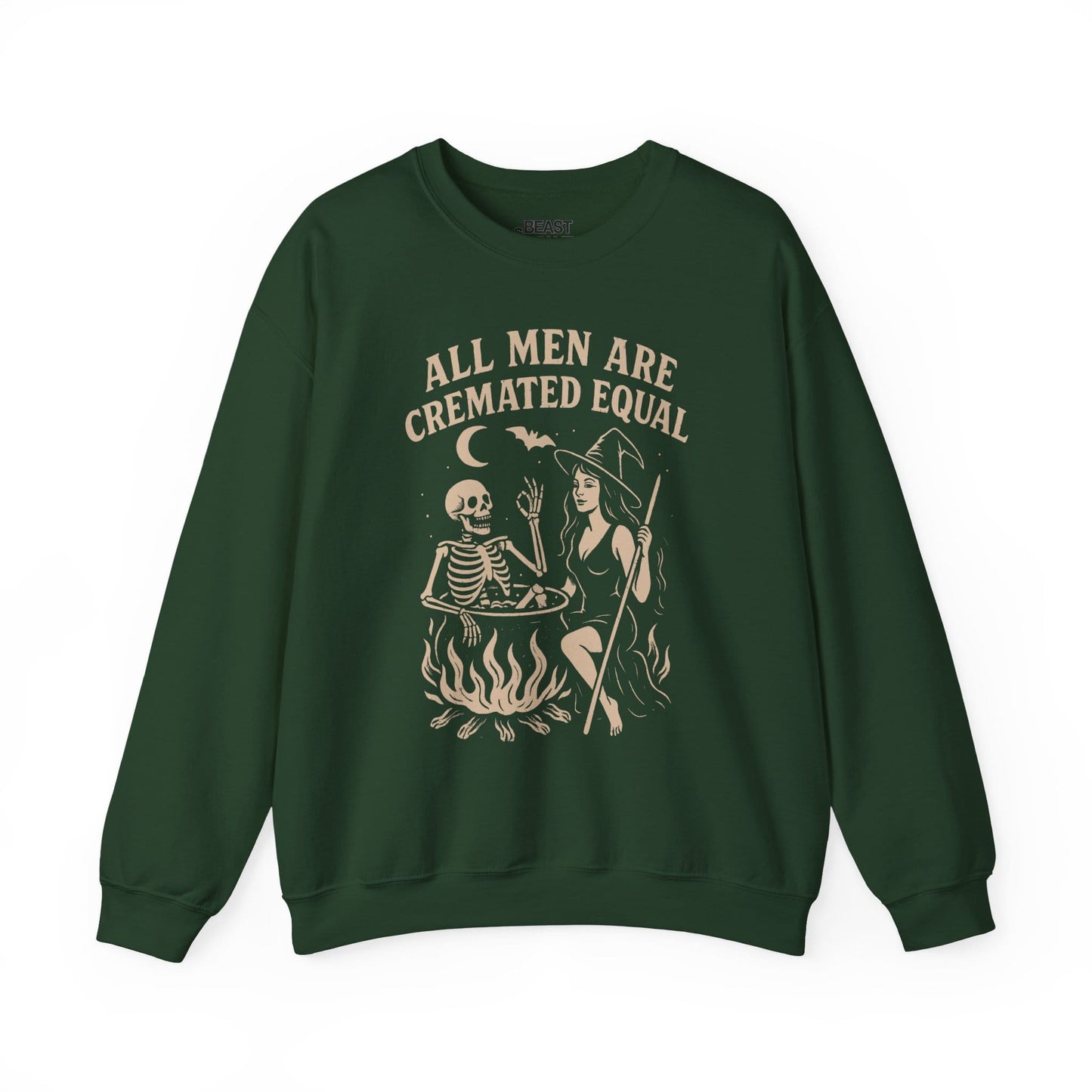 forest green sweatshirt with gothic witch and skeleton cremation slogan for halloween