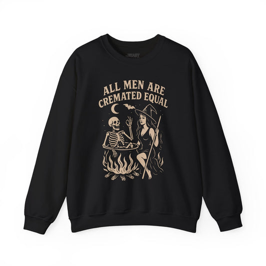 black sweatshirt with all men are cremated equal dark humour halloween slogan and gothic graphic