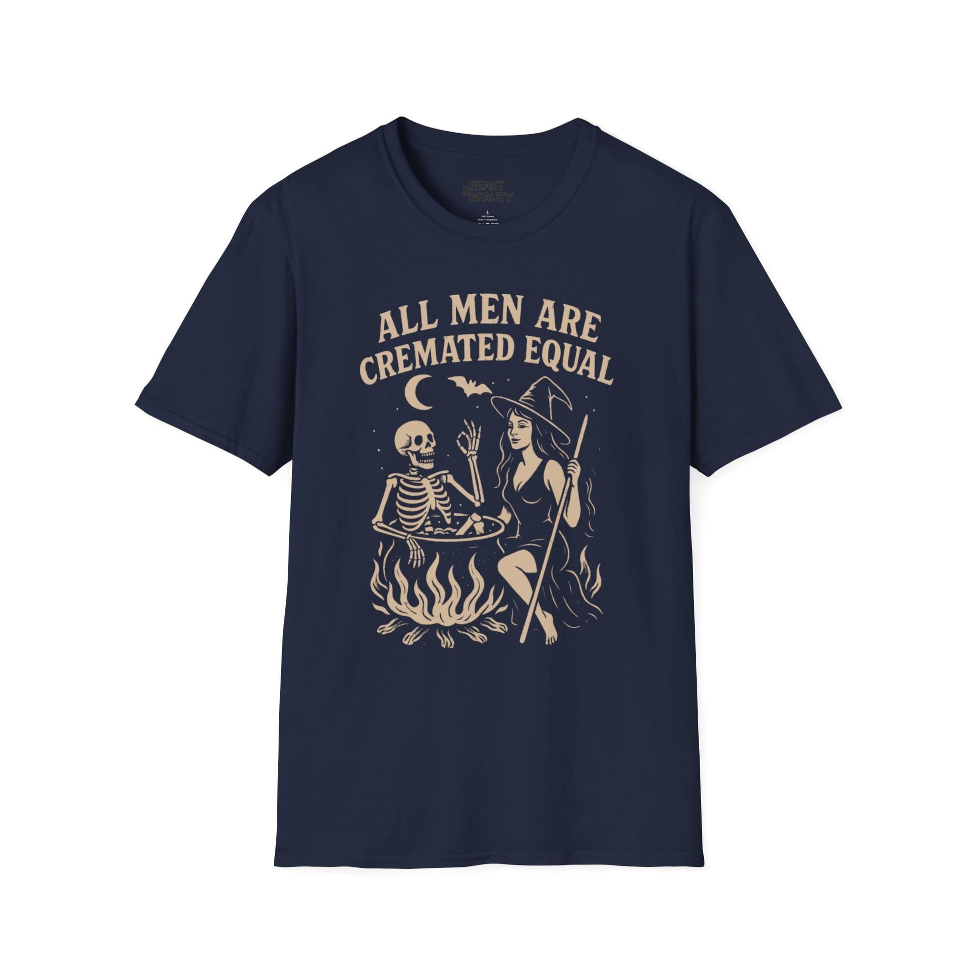 dark chocolate t-shirt with all men are cremated equal spooky slogan graphic
