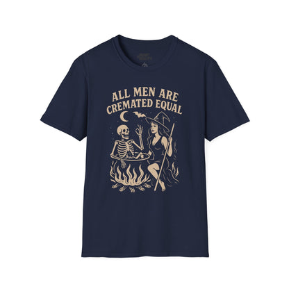 dark chocolate t-shirt with all men are cremated equal spooky slogan graphic