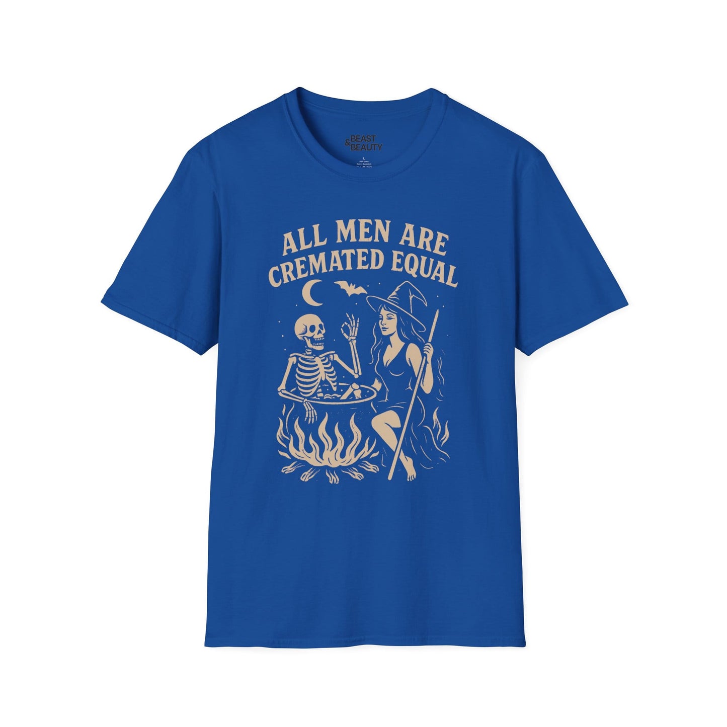 dark heather t-shirt with all men are cremated equal funny halloween slogan