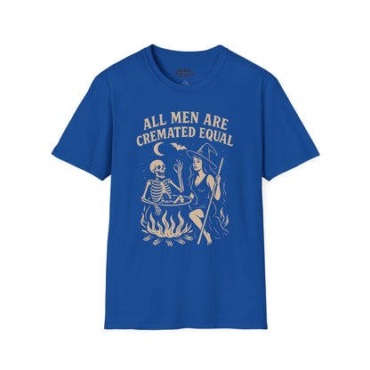 dark heather t-shirt with all men are cremated equal funny halloween slogan