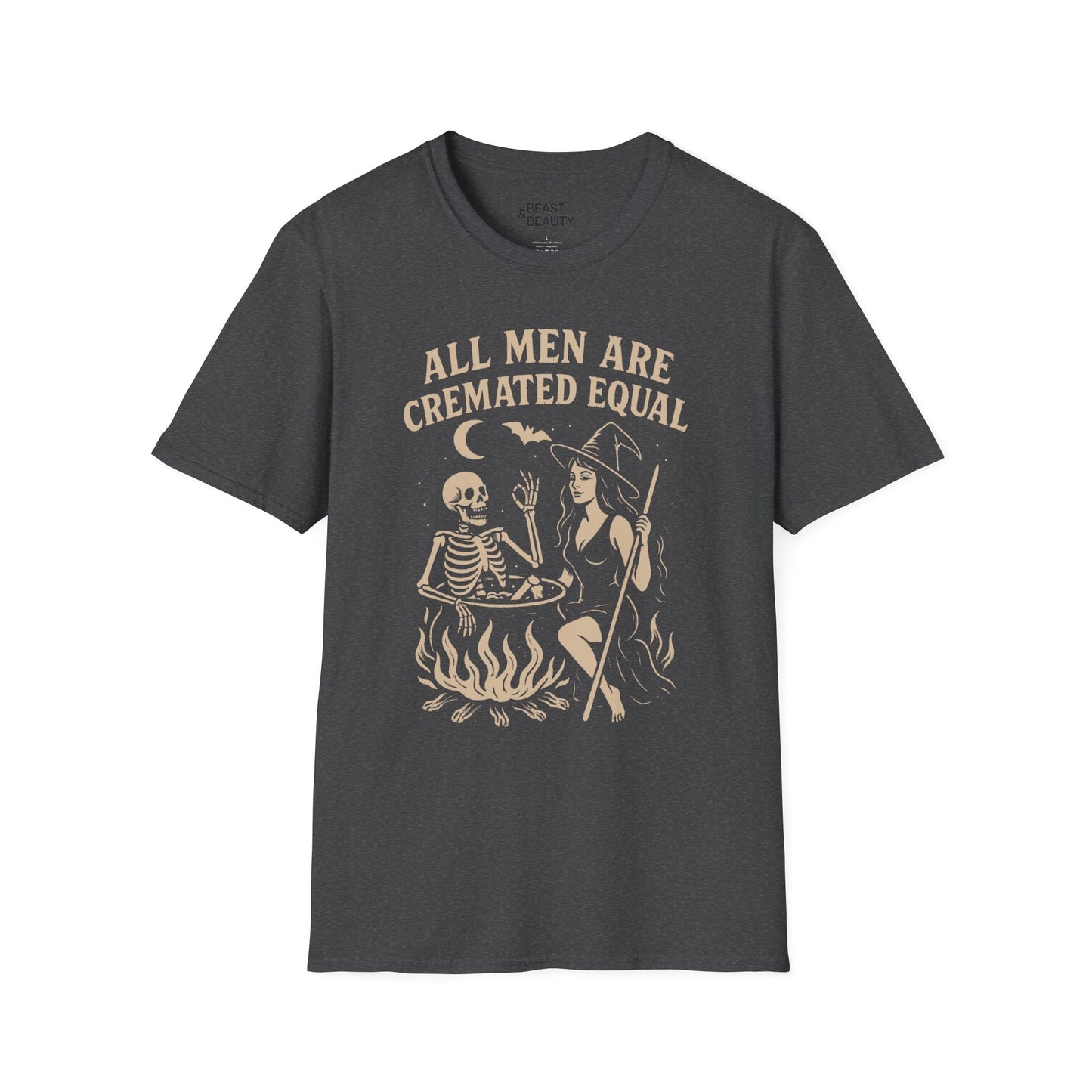 military green t-shirt with all men are cremated equal halloween dark humour design