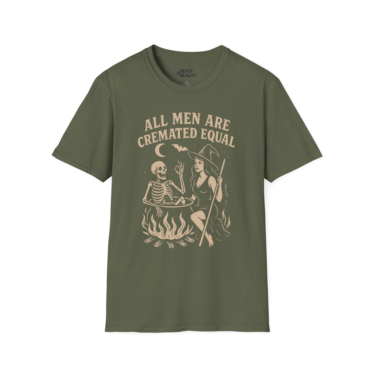 royal blue t-shirt with all men are cremated equal spooky season slogan