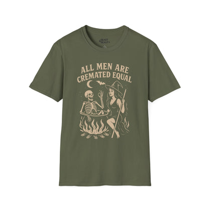 royal blue t-shirt with all men are cremated equal spooky season slogan