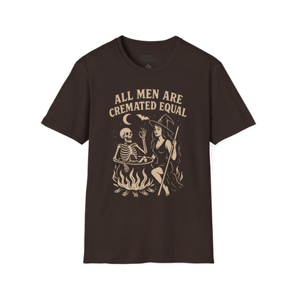 navy t-shirt with all men are cremated equal funny halloween graphic