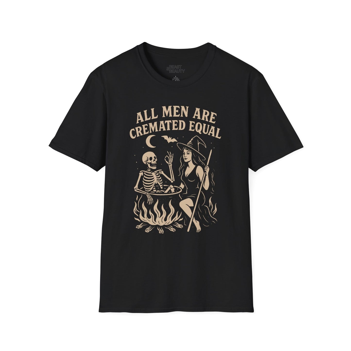 black t-shirt with all men are cremated equal dark humour halloween slogan