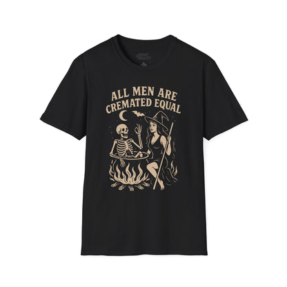 black t-shirt with all men are cremated equal dark humour halloween slogan