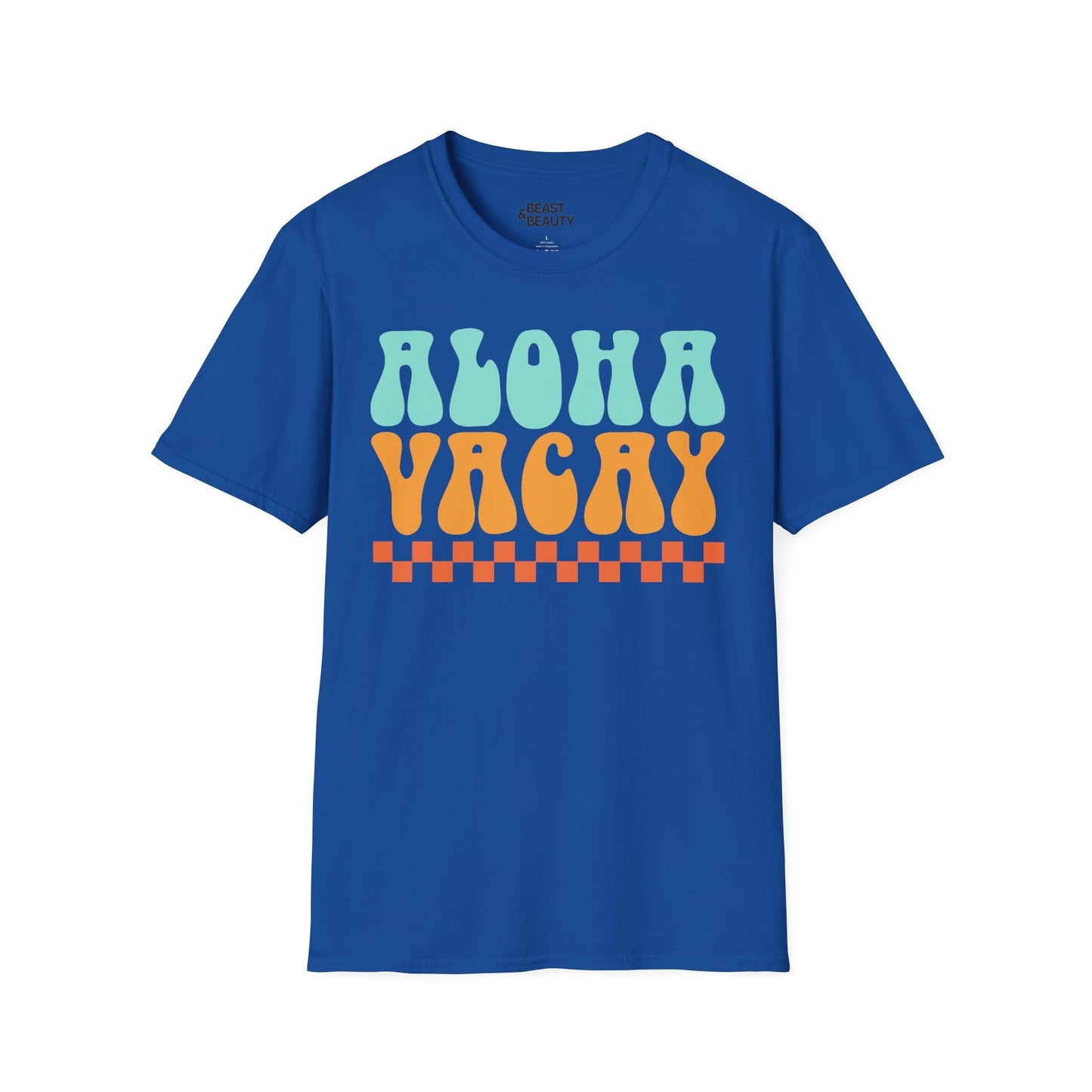 dark heather aloha holiday t-shirt worn as a unisex summer vacation tee