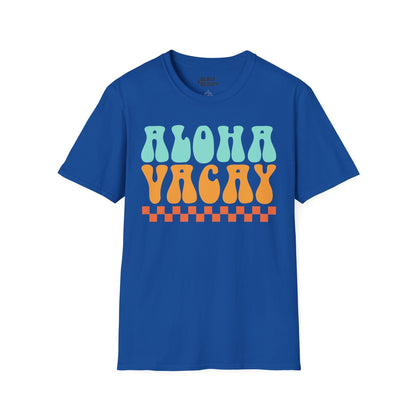 dark heather aloha holiday t-shirt worn as a unisex summer vacation tee