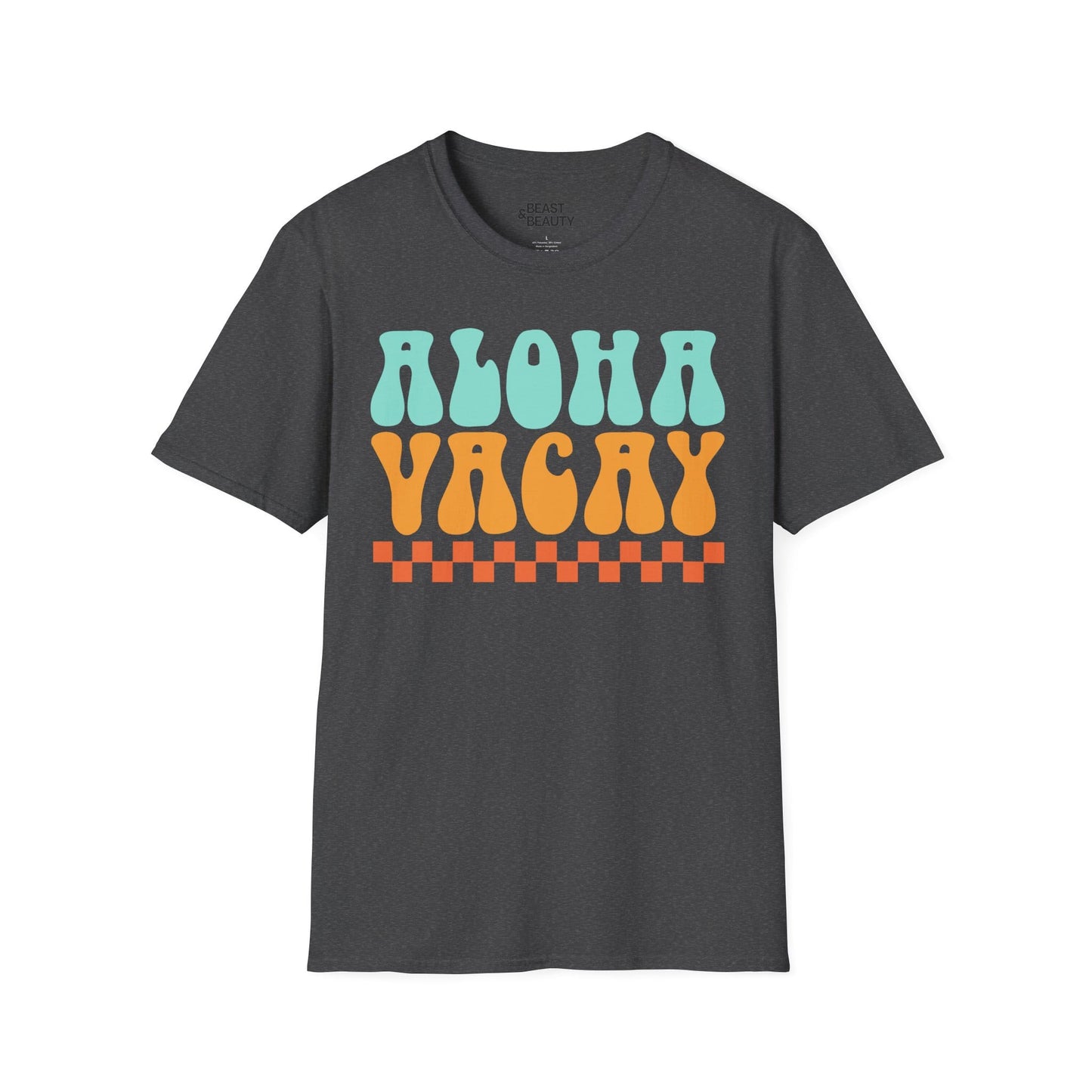 dark chocolate aloha vacay t-shirt with retro summer design flat lay