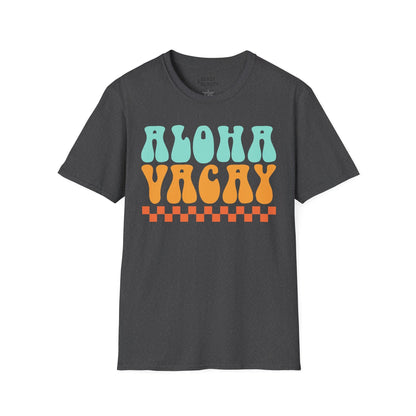 dark chocolate aloha vacay t-shirt with retro summer design flat lay