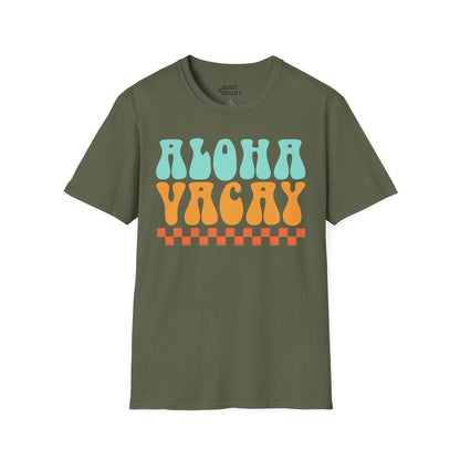 royal blue aloha holiday t-shirt with bold summer graphic for him and her