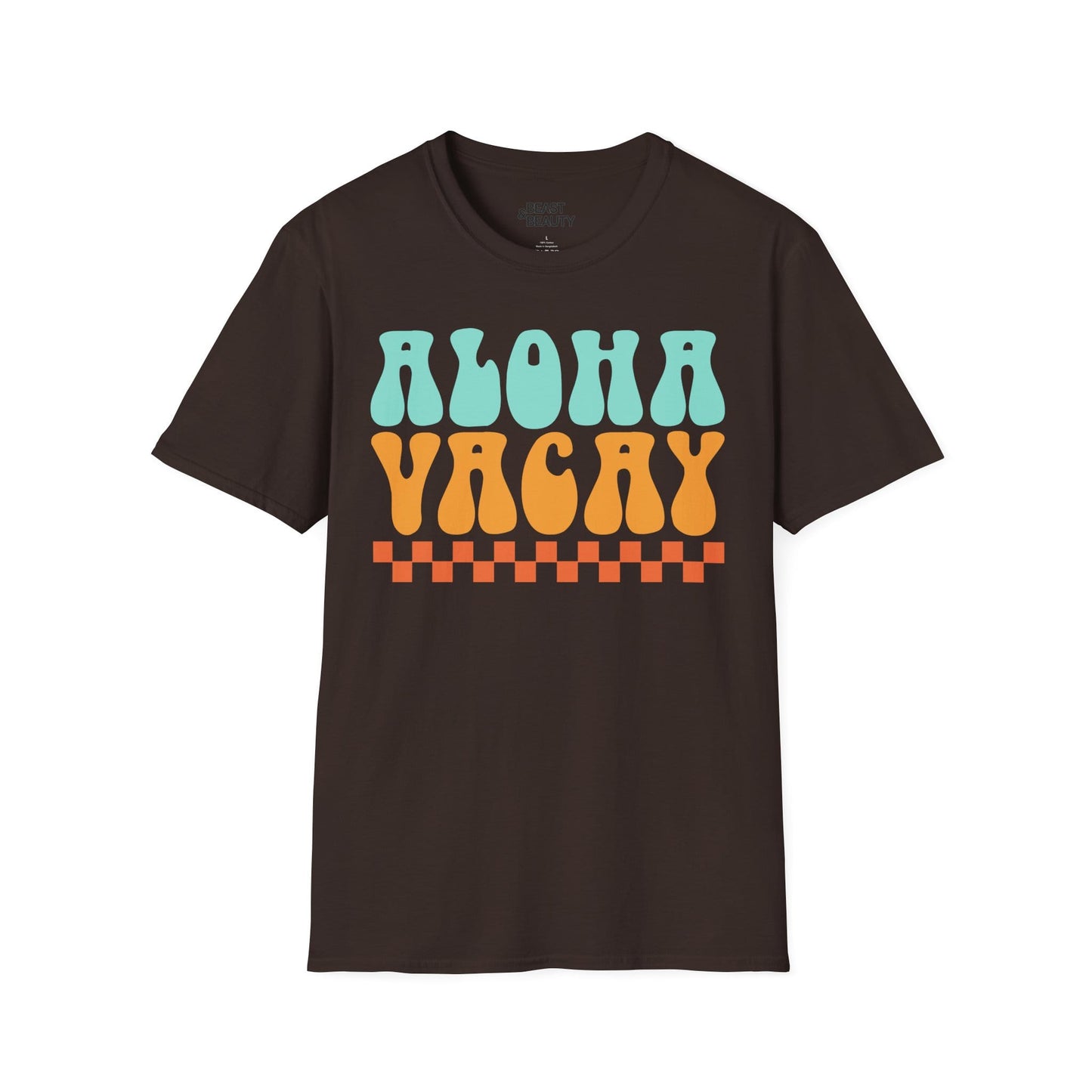 military green aloha t-shirt with retro aloha vacay print for beach trips