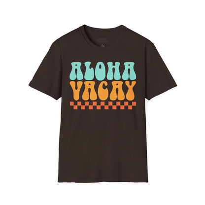 military green aloha t-shirt with retro aloha vacay print for beach trips