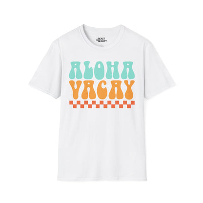 white unisex aloha holiday t-shirt with summer vacation graphic design