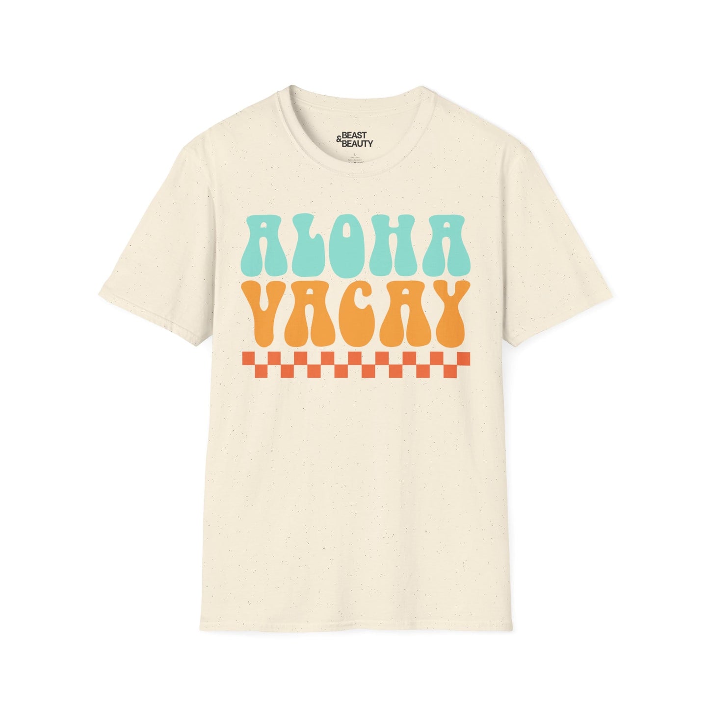 black aloha vacay t-shirt with bold retro aloha print front view