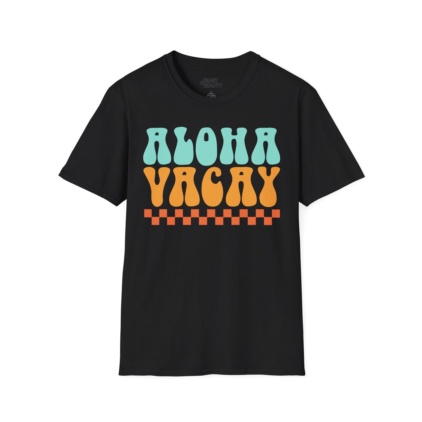 navy aloha holiday t-shirt with retro summer vacation graphic for men and women