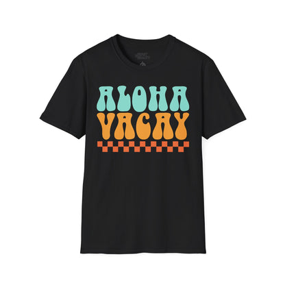 navy aloha holiday t-shirt with retro summer vacation graphic for men and women