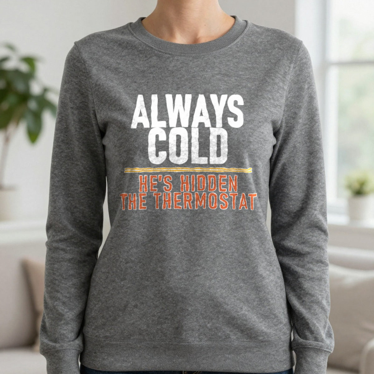 Always Cold He's Hidden The Thermostat Funny Couples T-Shirt & Sweatshirt in Charcoal, worn, our photo