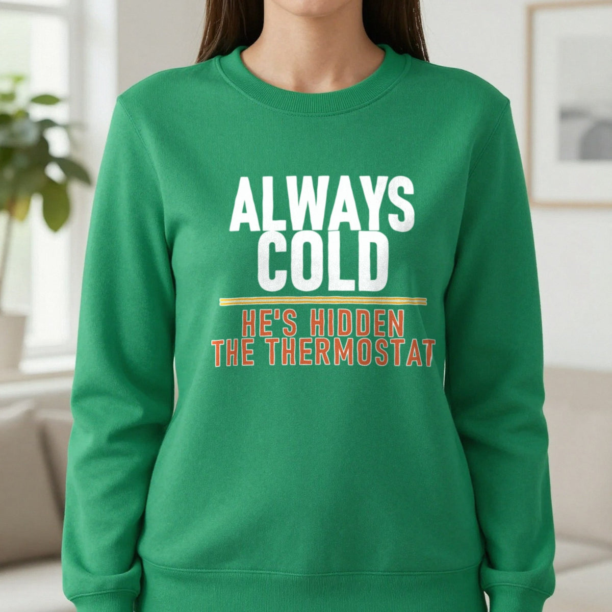 Always Cold He's Hidden The Thermostat Funny Couples T-Shirt & Sweatshirt in Irish Green, worn, our photo