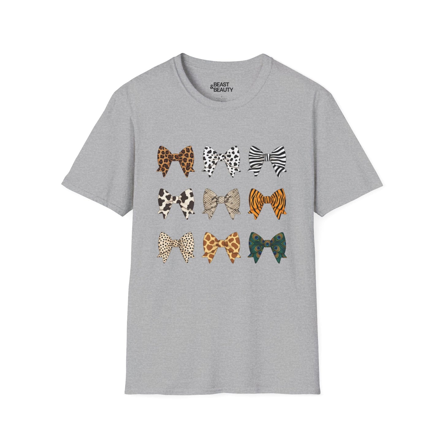 sport grey t-shirt with animal print bow coquette statement design