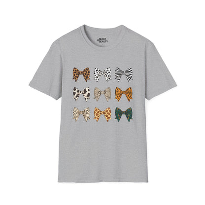 sport grey t-shirt with animal print bow coquette statement design