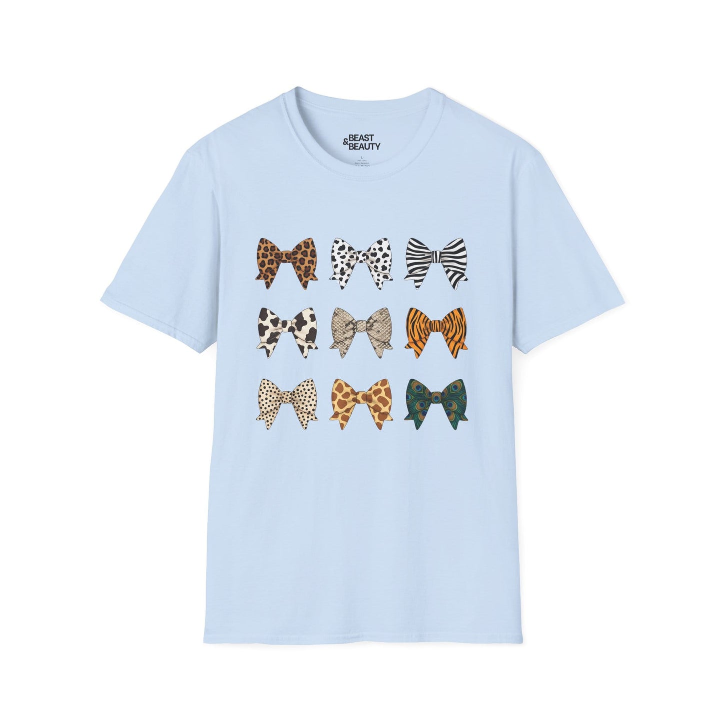 light blue t-shirt with animal print bow pattern gift for her