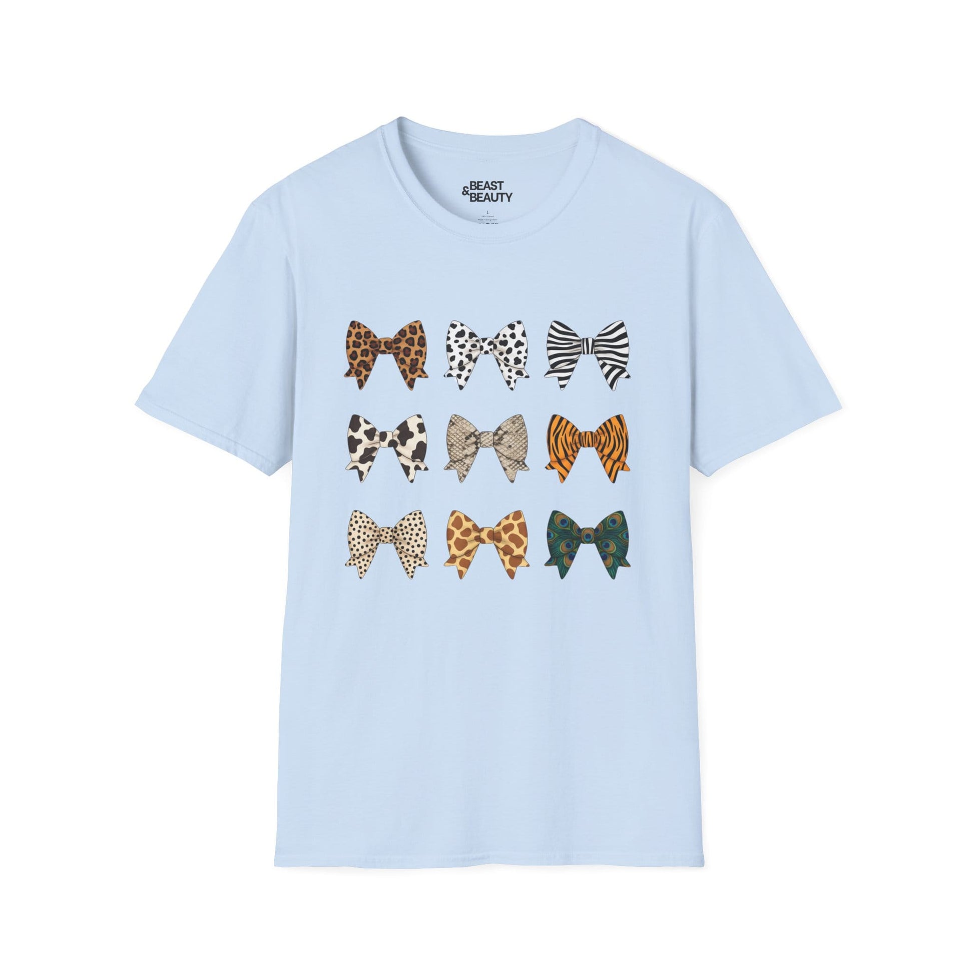 light blue t-shirt with animal print bow pattern gift for her