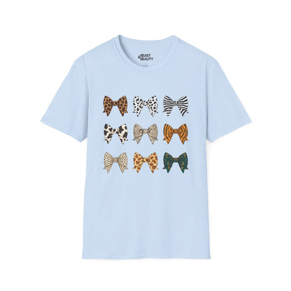 light blue t-shirt with animal print bow pattern gift for her
