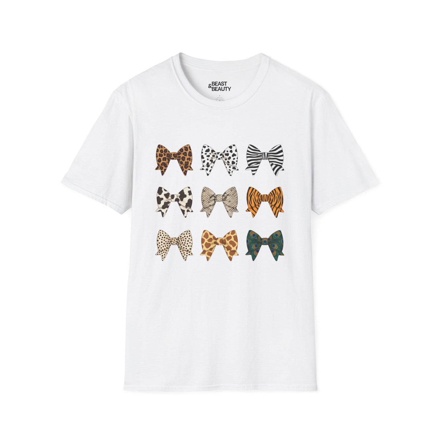 white t-shirt with animal print bow graphic coquette style design