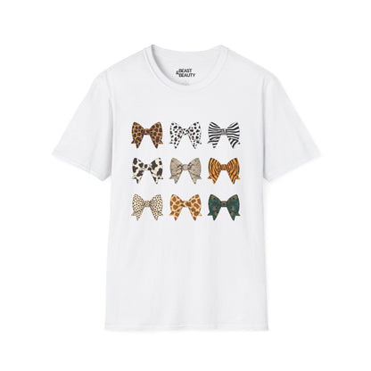 white t-shirt with animal print bow graphic coquette style design