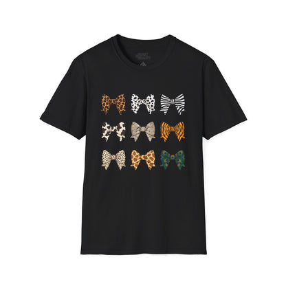 black t-shirt with animal print bow pattern coquette gift design